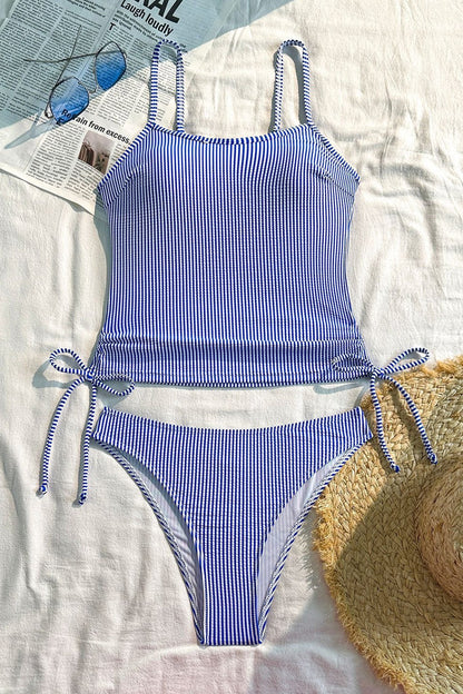 Plaid Ruched Backless Striped Two Piece Swim Set
