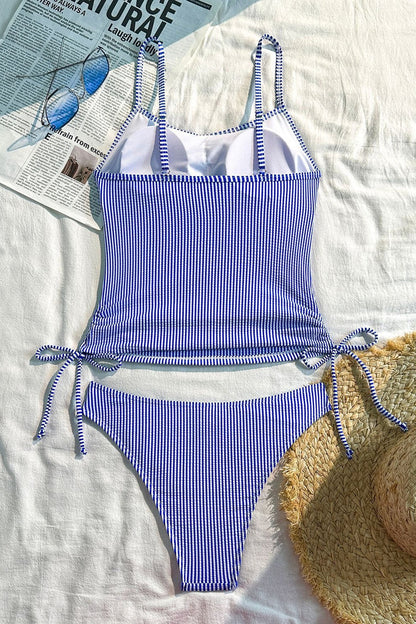 Plaid Ruched Backless Striped Two Piece Swim Set