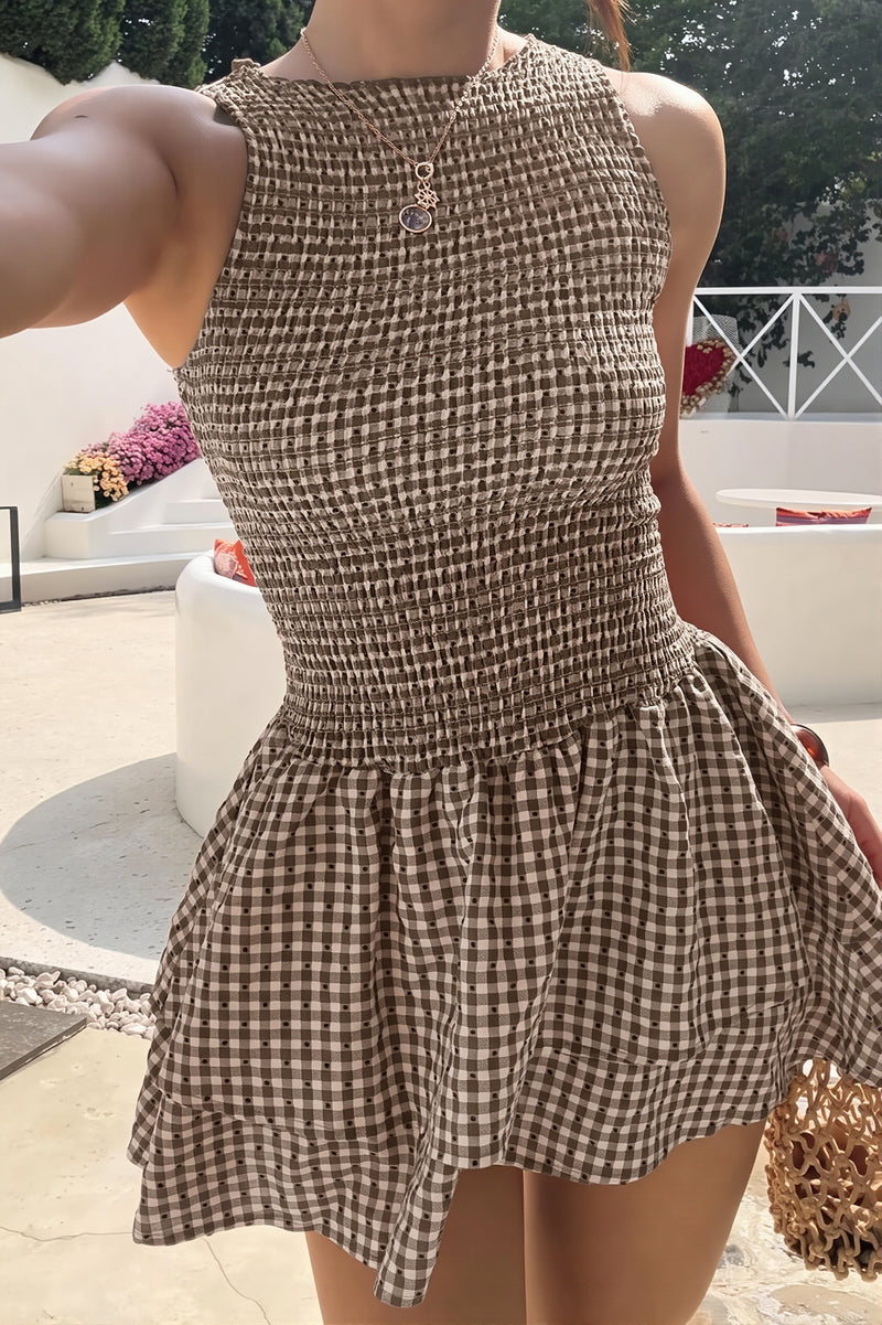 Plaid Smocked Sleeveless Flared Mini Dress