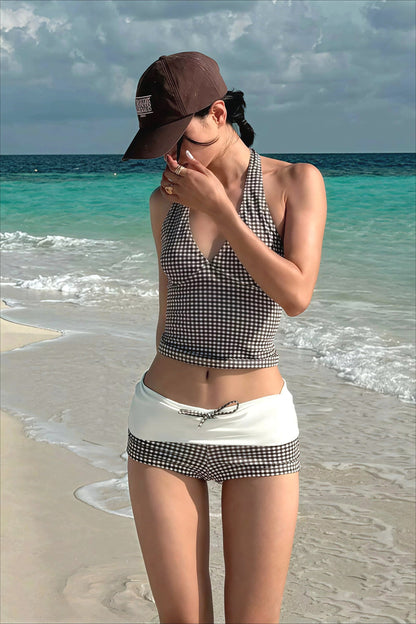 Plaid V Neck Backless Two Piece Swim Set