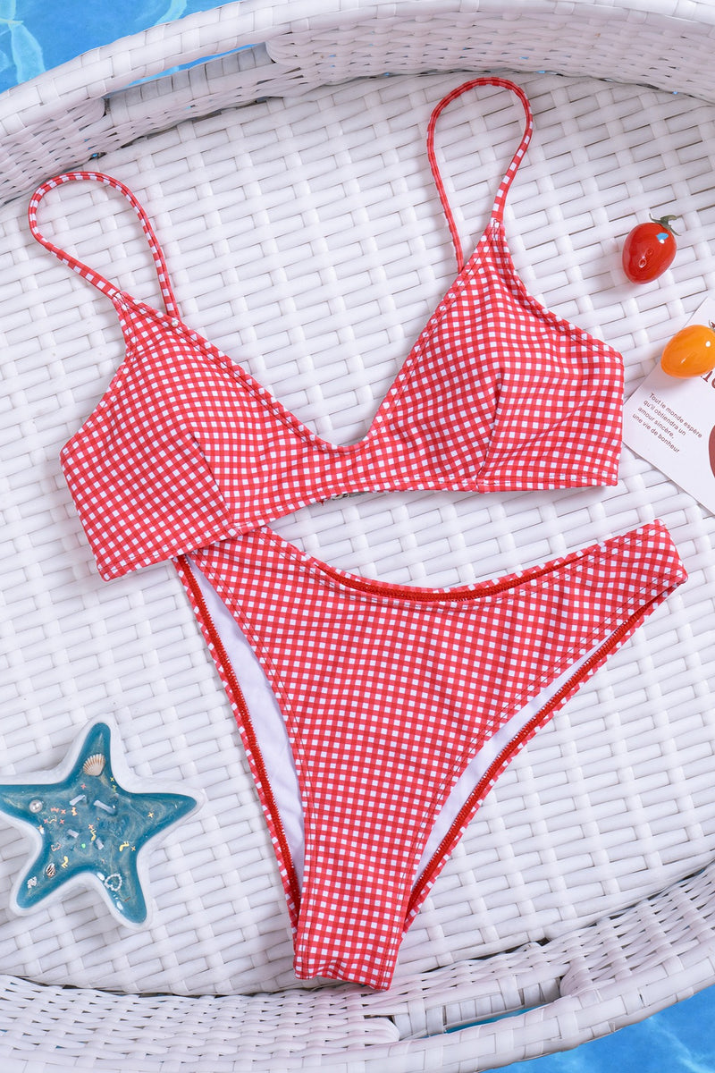 Plaid V Neck Sexy Bikini Set