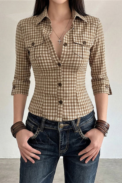 Plaid Waist Slim Five Quarter Sleeve Blouse