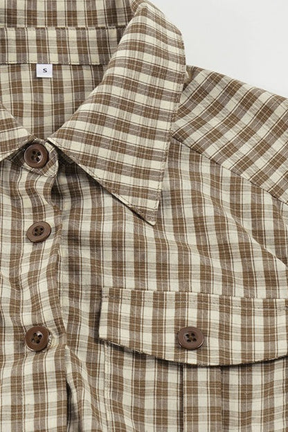 Plaid Waist Slim Five Quarter Sleeve Blouse