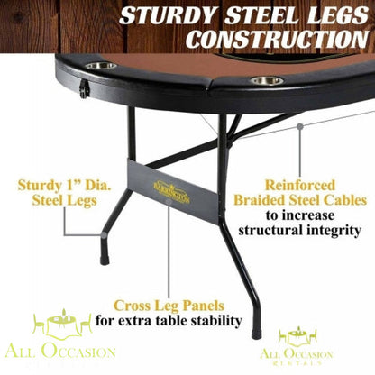 Poker Table folds 10 Player featuring sturdy steel legs construction and reinforced support for ultimate stability.