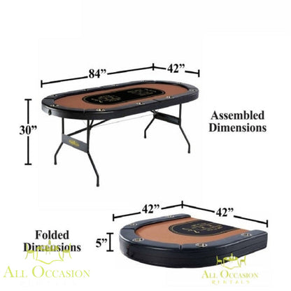 Poker Table folds 10 Player with dimensions: 84" x 42" x 30" assembled; 42" x 42" x 5" folded.