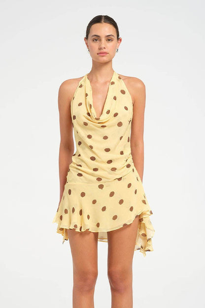 Polka Dot Chiffon Halter Deep V Slit Backless Mini Dress