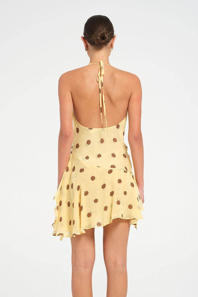Polka Dot Chiffon Halter Deep V Slit Backless Mini Dress
