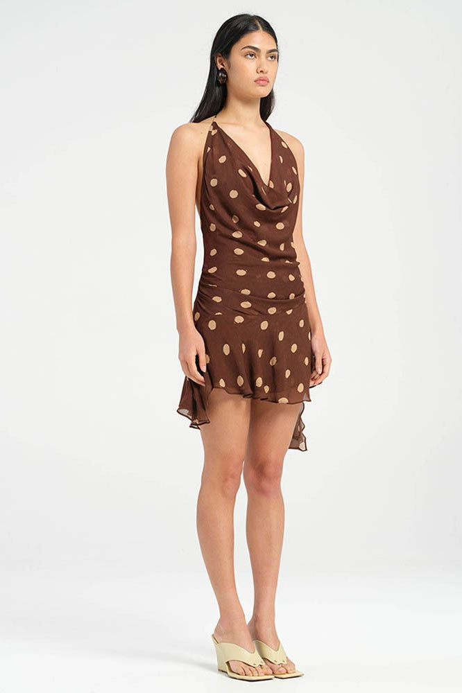 Polka Dot Chiffon Halter Deep V Slit Backless Mini Dress