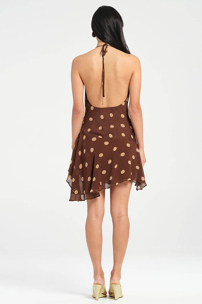 Polka Dot Chiffon Halter Deep V Slit Backless Mini Dress