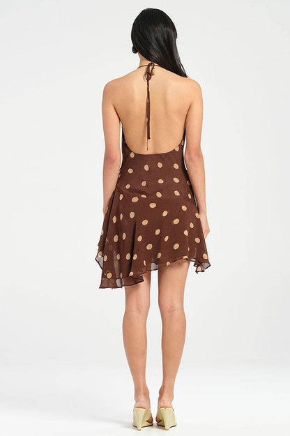 Polka Dot Chiffon Halter Deep V Slit Backless Mini Dress