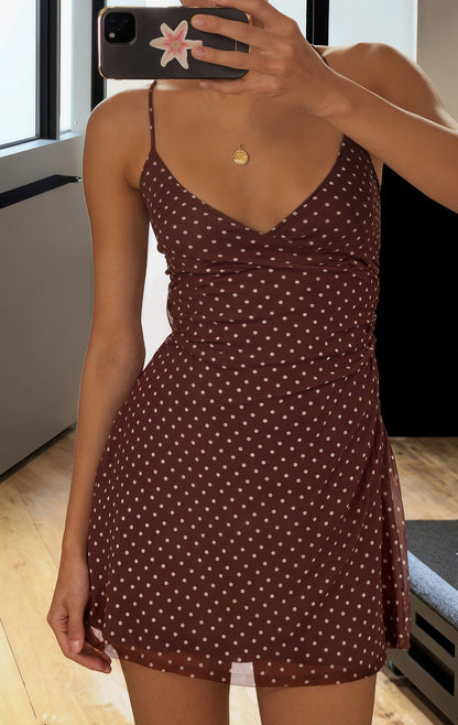 Polka Dot Contrast V Neck A Line Mini Dress