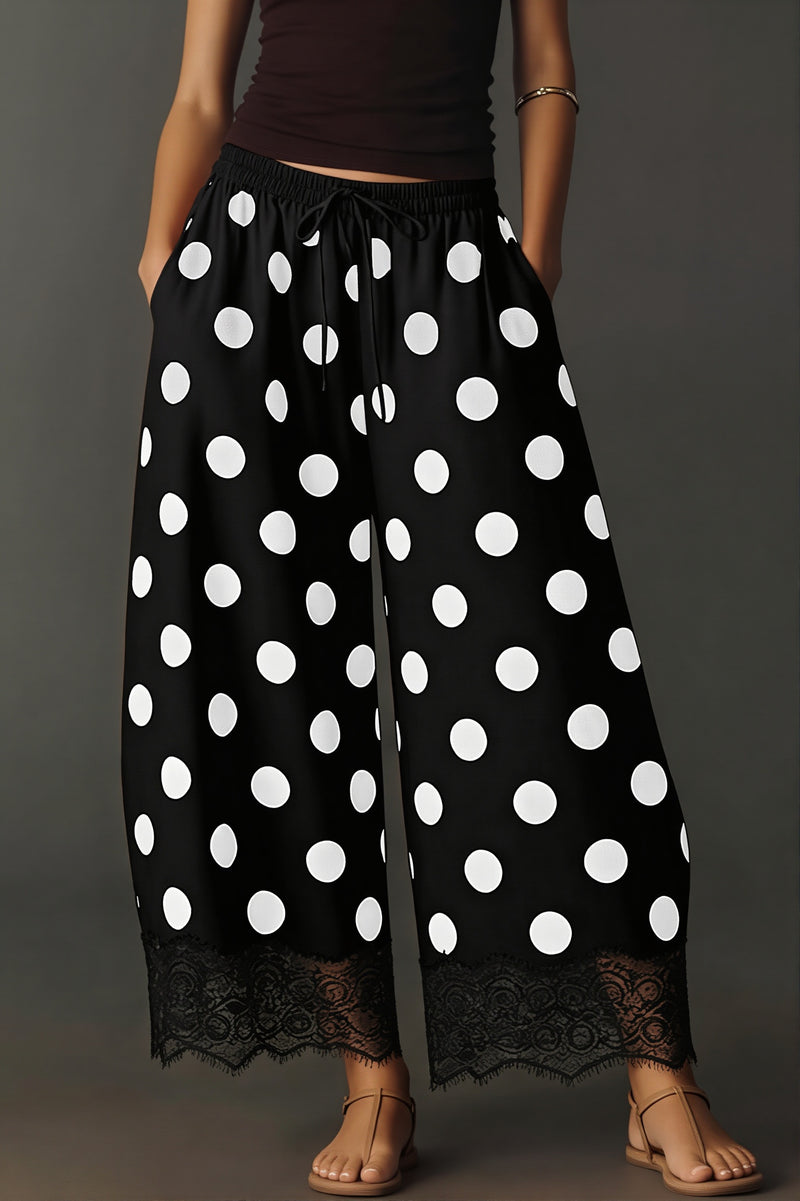 Polka Dot Drawstring Wide Leg Pants