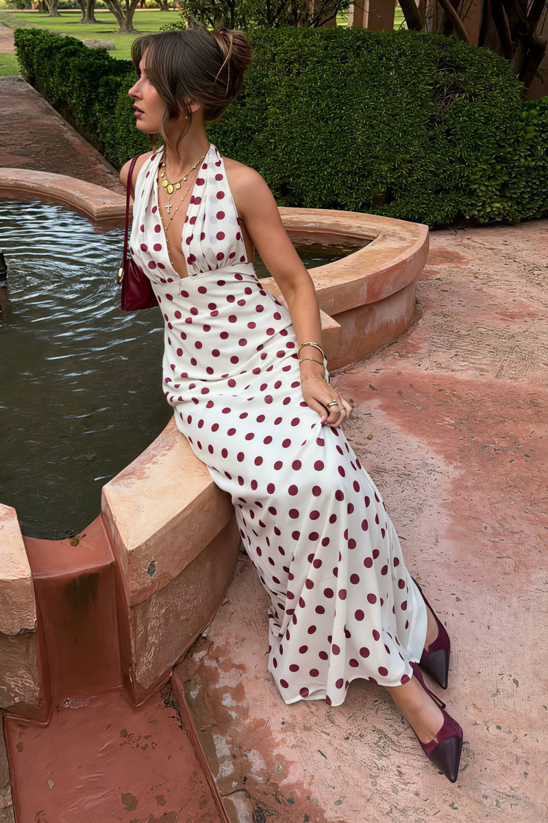 Polka Dot Halter Backless Ruched Waist Maxi Dress