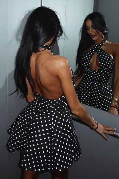 Polka Dot Halter Cutout Backless Mini Dress