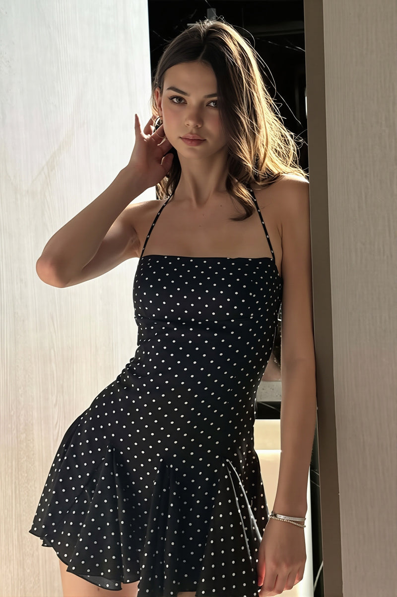 Polka Dot Halter Strapless Mini Dress