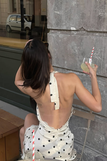 Polka Dot Halter V Neck Cutout Back Mini Dress