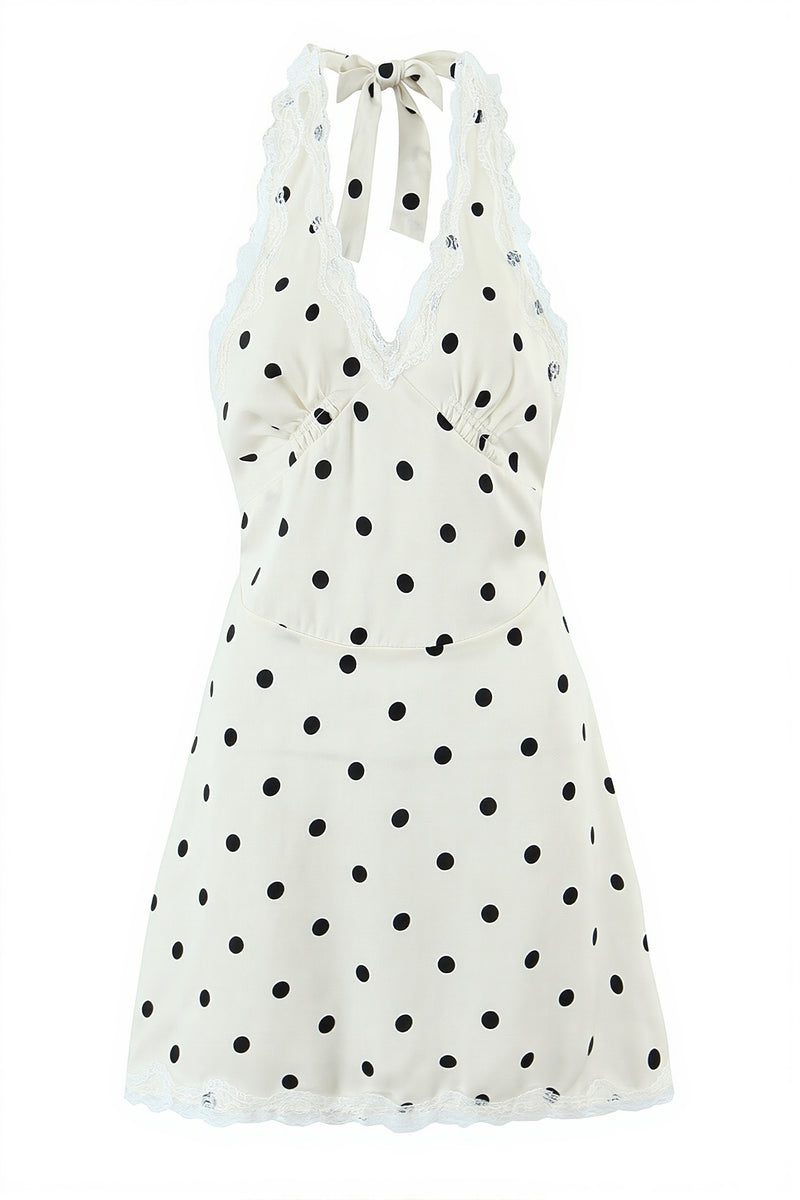Polka Dot Halter V Neck Cutout Back Mini Dress