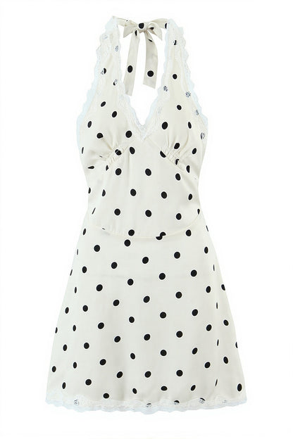 Polka Dot Halter V Neck Cutout Back Mini Dress