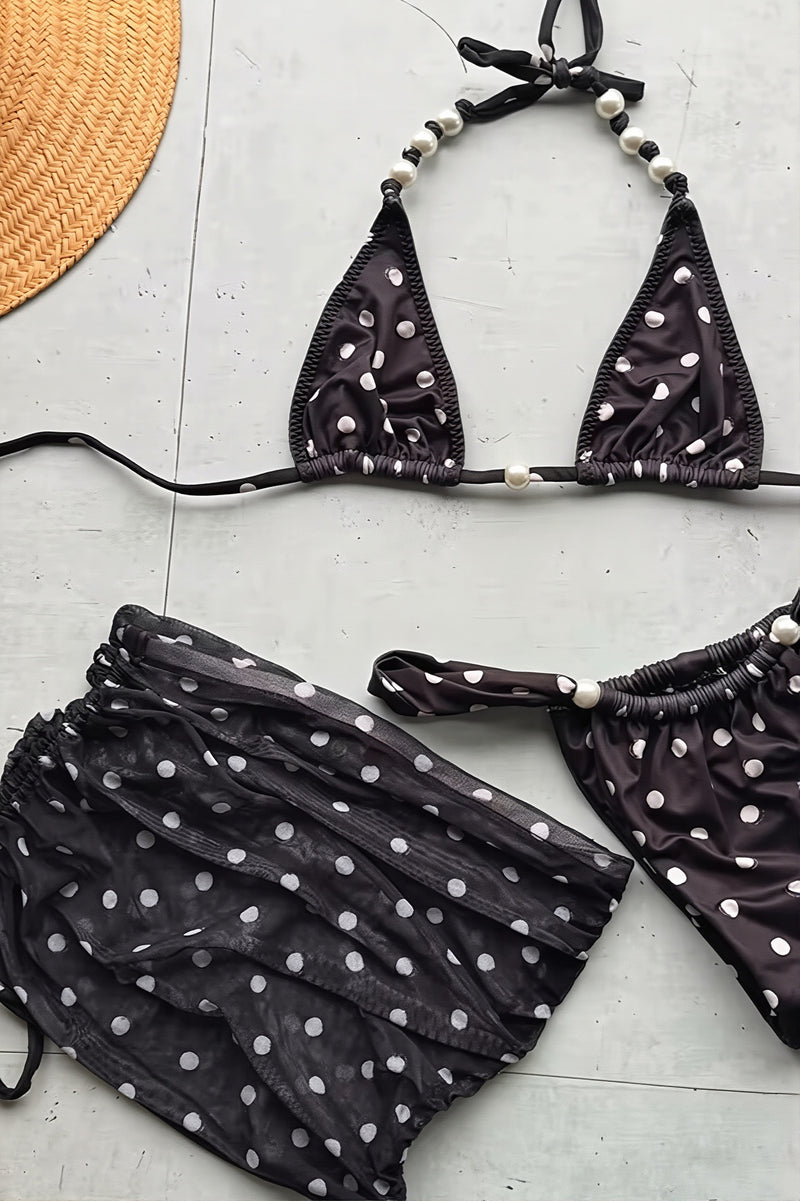 Polka Dot Mesh Three Piece Swim Set