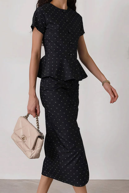 Polka Dot Print Short Sleeve Bodycon Skirt Set