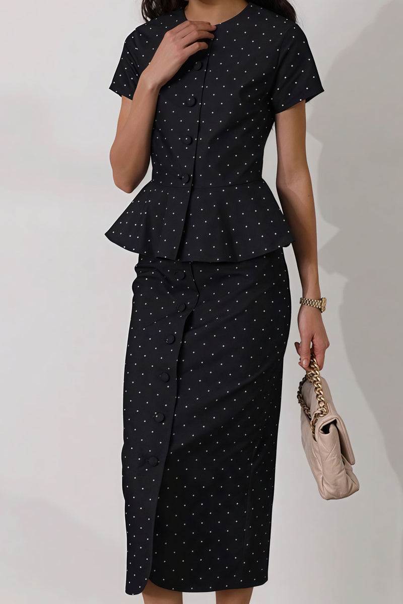 Polka Dot Print Short Sleeve Bodycon Skirt Set