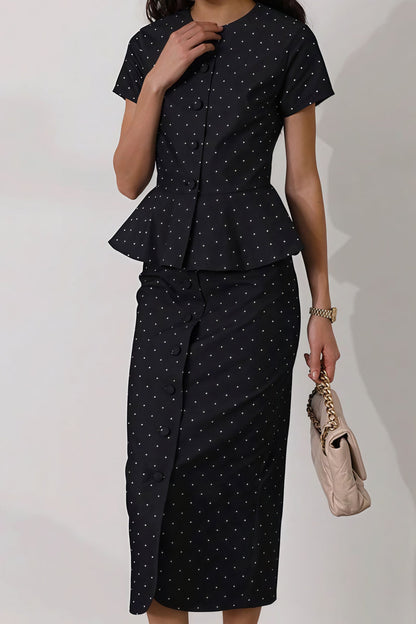 Polka Dot Print Short Sleeve Bodycon Skirt Set