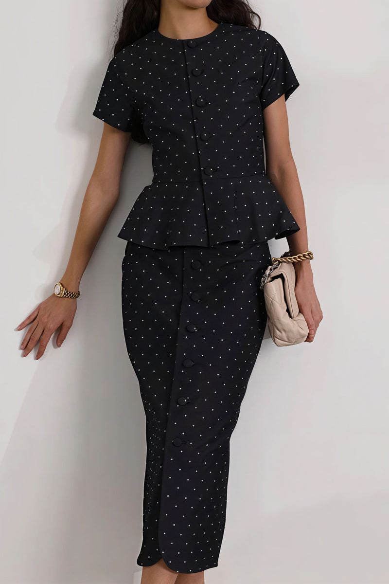 Polka Dot Print Short Sleeve Bodycon Skirt Set
