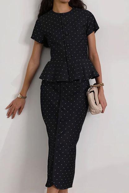 Polka Dot Print Short Sleeve Bodycon Skirt Set