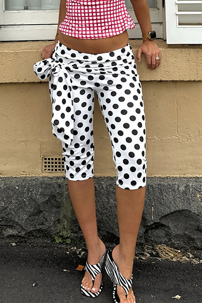 Polka Dot Print Tie Cropped Pants
