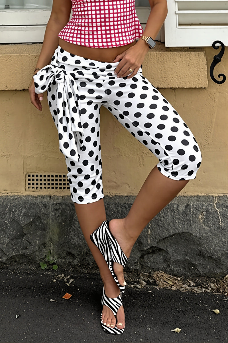 Polka Dot Print Tie Cropped Pants