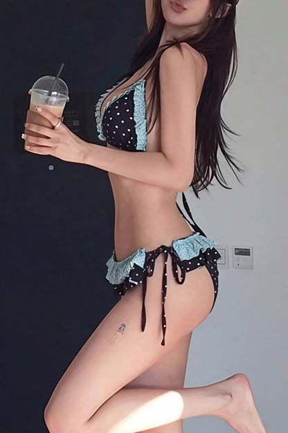 Polka Dot Ruffle Tie Backless Bikini Set