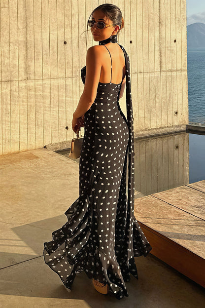 Polka Dot Ruffled Scarf Decor Maxi Dress