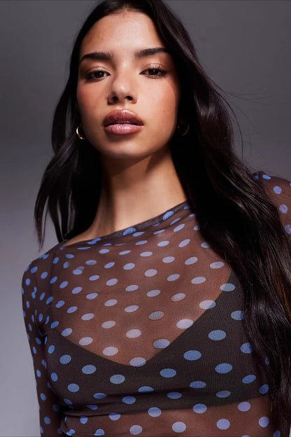 Polka Dot See Through Mesh Blouse
