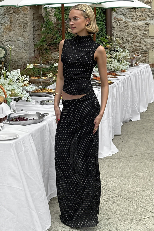 Polka Dot Sleeveless Top High Waist Maxi Skirt Sets