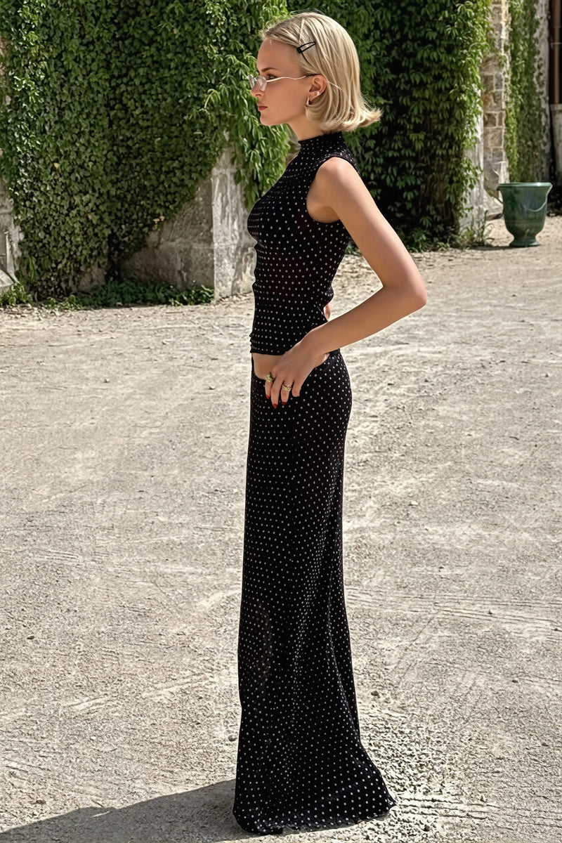Polka Dot Sleeveless Top High Waist Maxi Skirt Sets