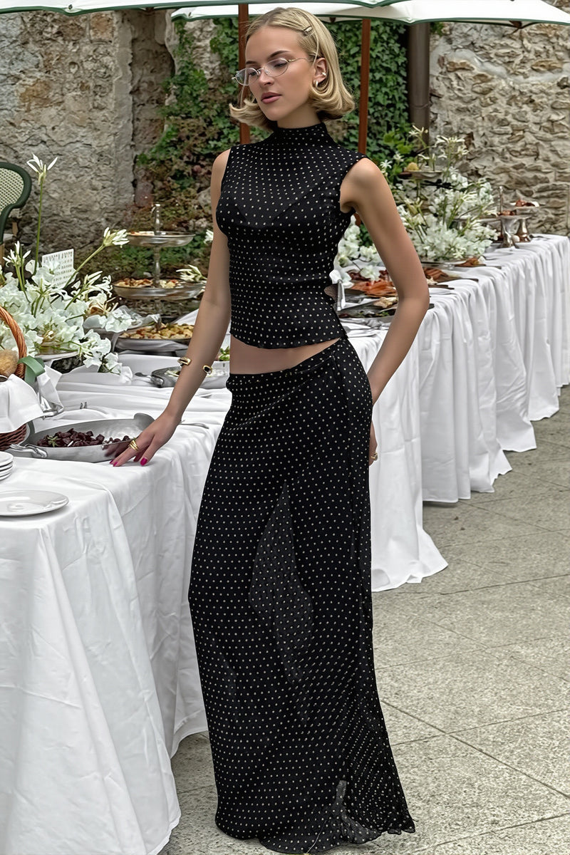 Polka Dot Sleeveless Top High Waist Maxi Skirt Sets