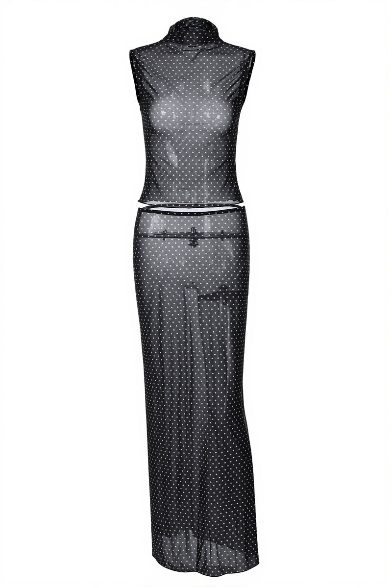 Polka Dot Sleeveless Top High Waist Maxi Skirt Sets