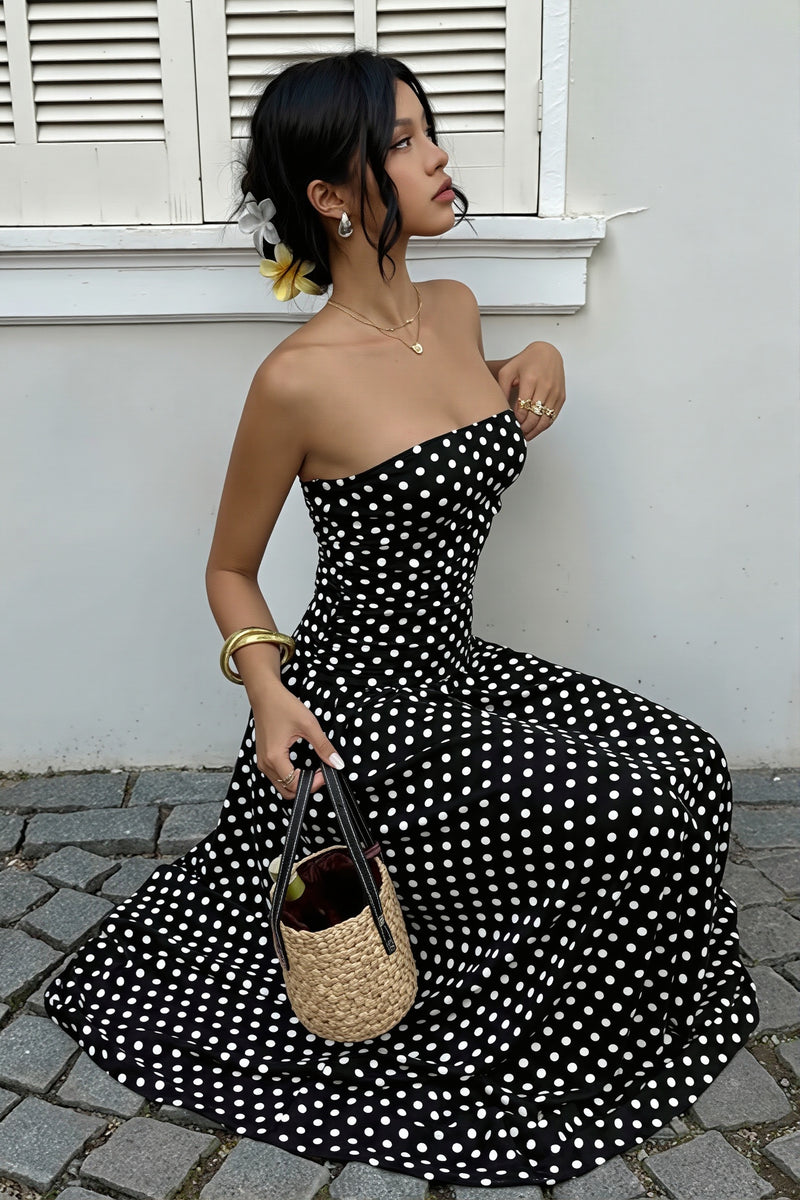 Polka Dot Strapless Sleeveless Ruffle Slim Maxi Dress