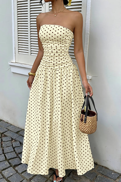 Polka Dot Strapless Sleeveless Ruffle Slim Maxi Dress