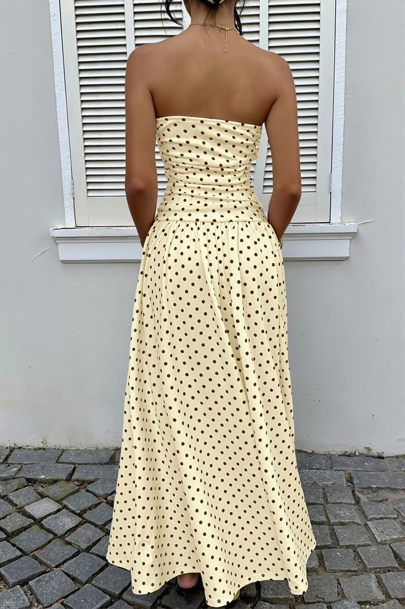 Polka Dot Strapless Sleeveless Ruffle Slim Maxi Dress