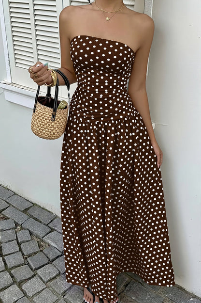 Polka Dot Strapless Sleeveless Ruffle Slim Maxi Dress
