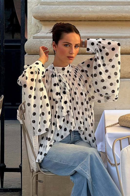 Polka Dot Tie Sheer Lantern Sleeve Blouse