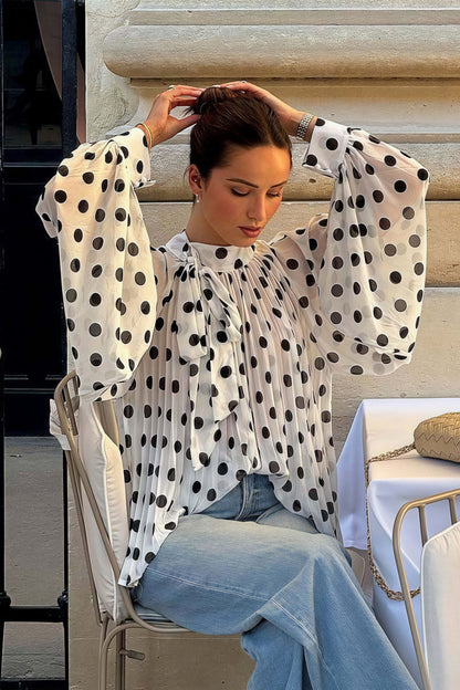 Polka Dot Tie Sheer Lantern Sleeve Blouse