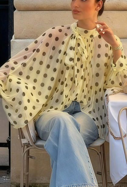 Polka Dot Tie Sheer Lantern Sleeve Blouse
