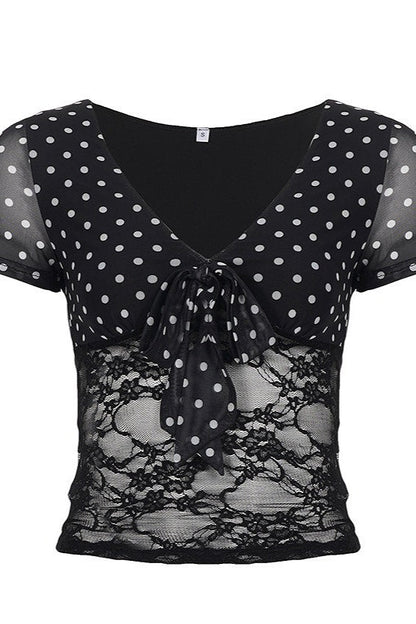 Polka Dot Waist Lace Splice Blouse