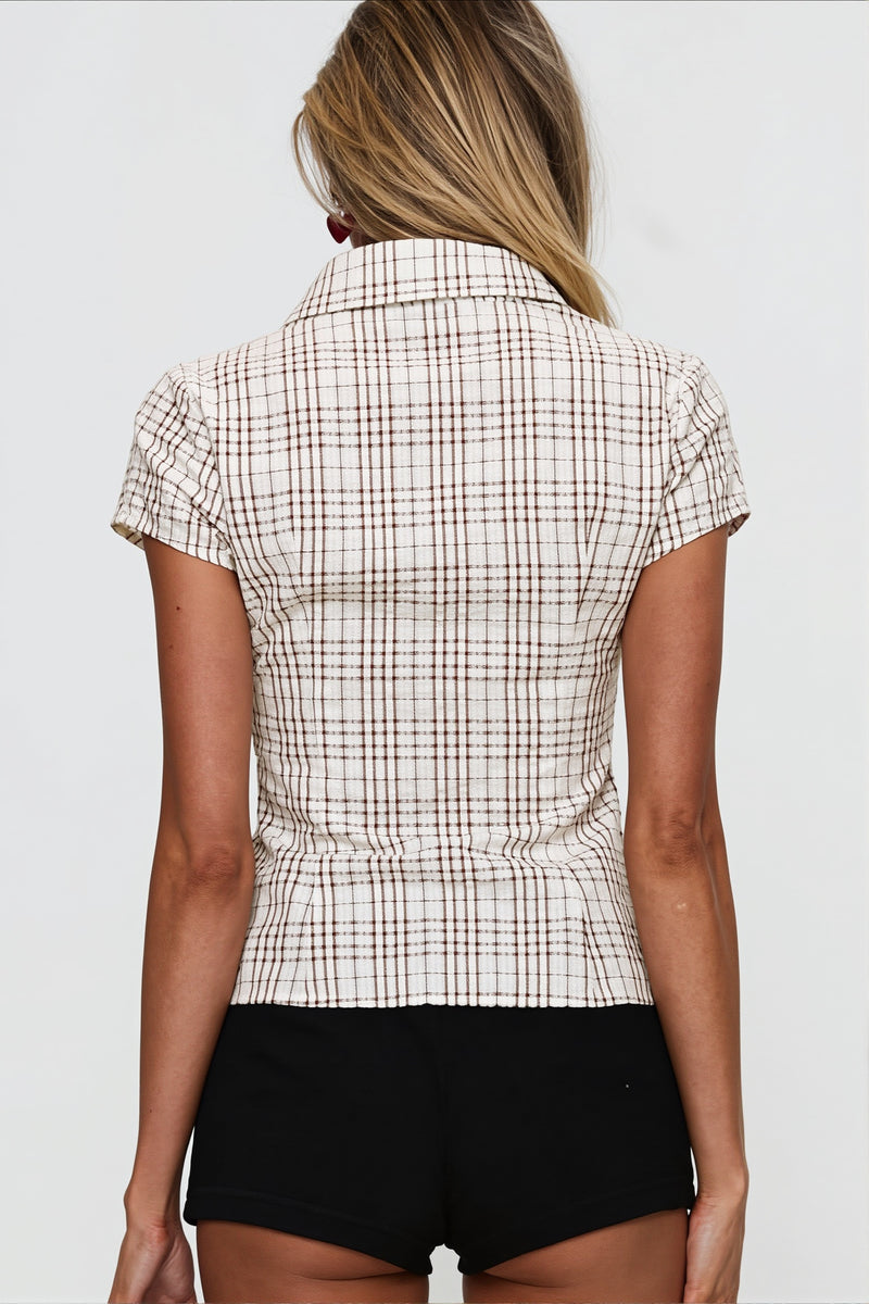 Polo Neck Pleated Cropped Slim Blouse