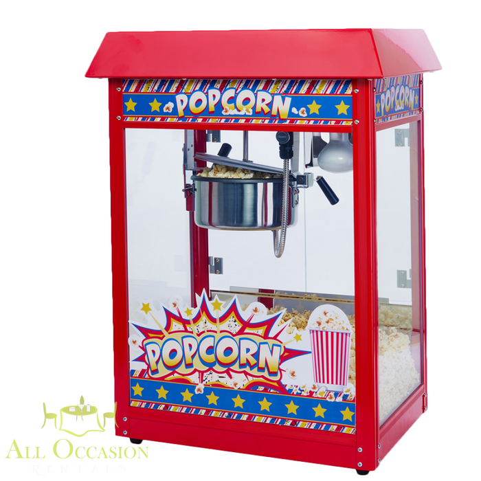 Popcorn Machine rental for events featuring a classic red concession stand with popcorn and vibrant graphics.