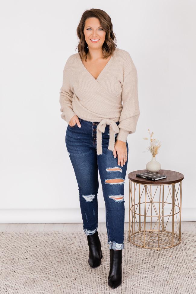 Predictable Week Beige Fuzzy Wrap Cropped Sweater