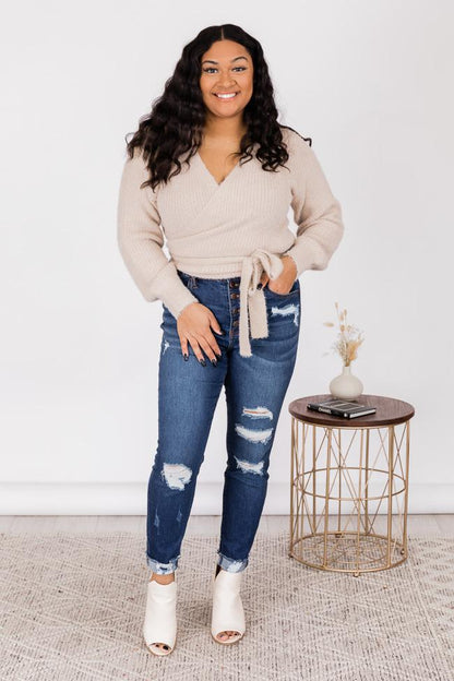 Predictable Week Beige Fuzzy Wrap Cropped Sweater
