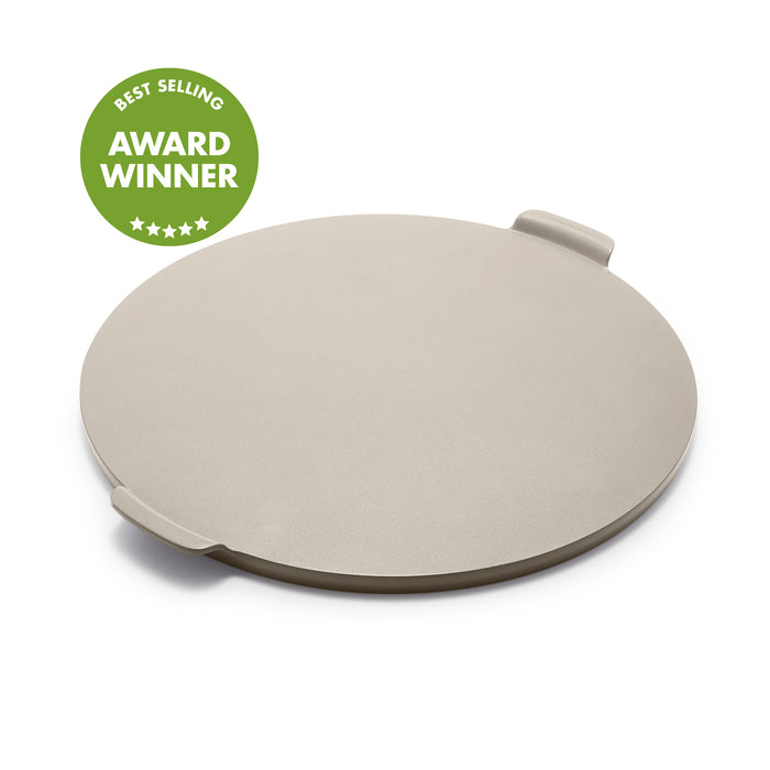 Taupe round pizza baker with handles and a Best Selling Award Winner badge visible.